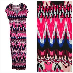 Cato Work Maxi Dress Vibrant Pink Chevron Print Jersey Knit Short Sleeve Belted